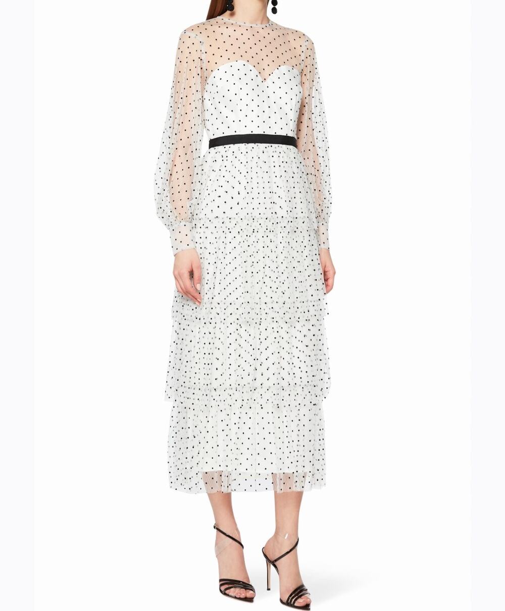 Alice McCall Mysteria White Polka-Dot Tiered Tulle White Long Sleeve Midi Dress